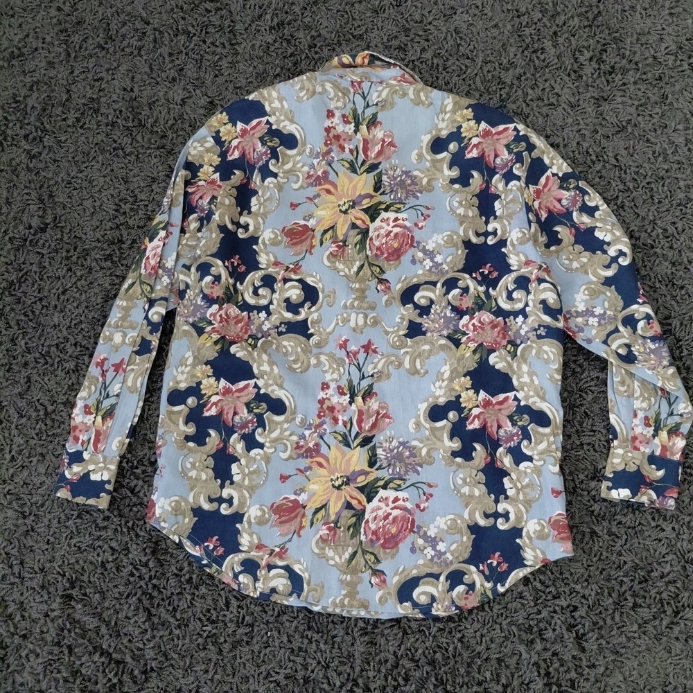 Vintage Classiques Countryside Button Up Blouse Top LARGE 100% Linen Blue Floral - Picture 2 of 12